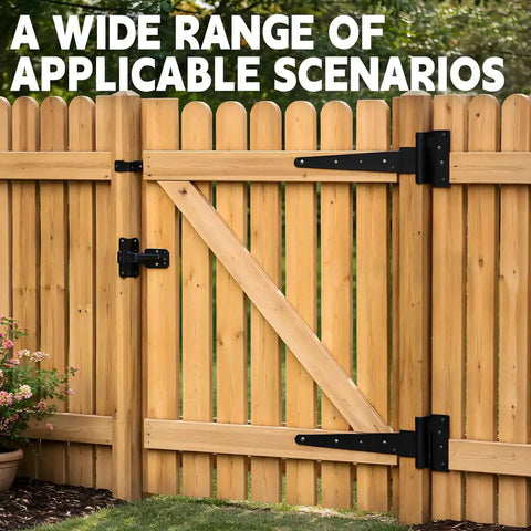 Wooden fence gate with Sturdy 4 Piece 14 Inch Heavy Duty T Hinges Set For Shed Doors Barn Doors And Fence Gates Rust Resistant Wrought Iron