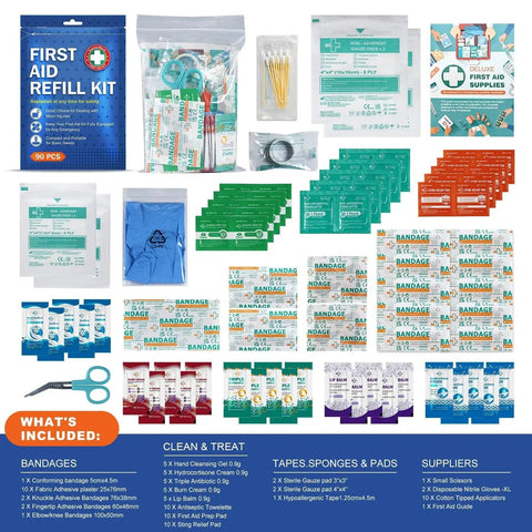 90 Piece First Aid Refill Kit For Home Travel And Hiking, Wound Care Bundle, ISO13485 CE Certified, bandages, creams, medical supplies
