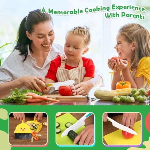 Kids Safe Kitchen Knife Set For Toddlers And Kids, 14 Piece Montessori Style Play Knife Set in use with children and parent cooking
