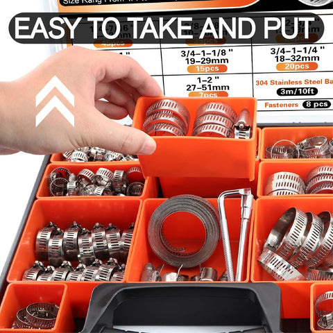 Stainless steel worm gear hose clamp set in orange organizer, includes sizes from 1/4 to 2 in and metal strap