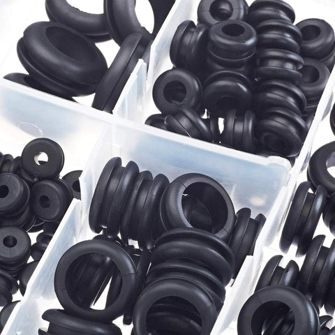 200 Piece Hollow Rubber Grommet Assortment Kit For Firewall Cable Holes 1/4 Inch To 1 Inch Grommets organized in a plastic case