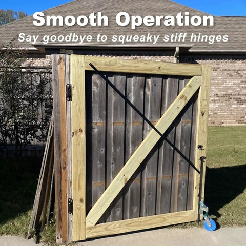 Wooden gate with Heavy Duty 7 Inch Gate Hinges 2062P 1100Lb Capacity for Driveways Fences and Barn Doors installed.