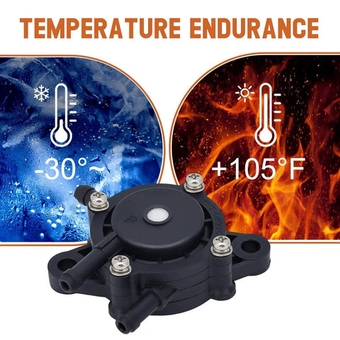 Fuel Pump For Lawn Mower Engines 808656 808492 491922 Kohler Honda Kawasaki Compatible With 2439316S 2439304S 16700-Z0J-003 shown with temperature endurance graphics.