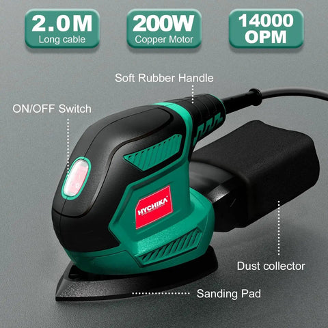 Compact Electric Detail Sander With 14,000 OPM, Includes 12 Sheets Of Sandpaper, Efficient Dust Collection System visible with labels