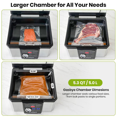 Gasbye chamber vacuum sealer, stainless steel kitchen appliance, 5.3 qt large chamber; salmon in vacuum bag (front view)
Gasbye chamber vacuum sealer, stainless steel kitchen appliance; top-right view with beef steak in vacuum bag
Gasbye chamber vacuum sealer, front view showing 11.5-inch seal bar and orange bag inside