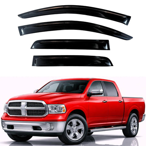 Out Channel Rain Guards Window Visors Vent Deflectors for RAM Trucks 2009 2018 RAM 1500 Crew Cab, shown with a red pickup.