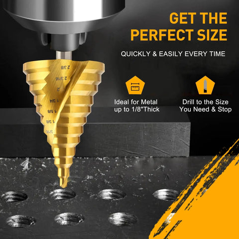 12 Step Spiral Groove Drill Bit Set In High Speed Steel From One Quarter Inch To Two And Three Eighths Inch With Quick Change One Half Inch Shank For Iron Aluminum Copper Plastic Wood Cuts Holes Fast And With Less Friction shown drilling metal