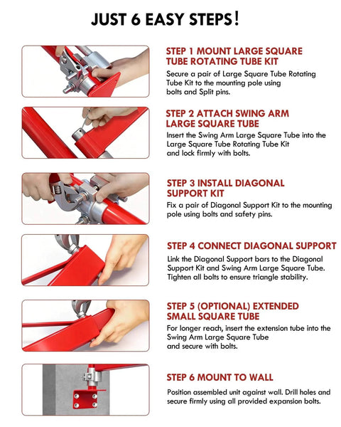 Installation steps for Wall Mount Jib Crane With 1320 Lbs Max Load 180 Degree Swivel Swing Arm, showing components and tools.