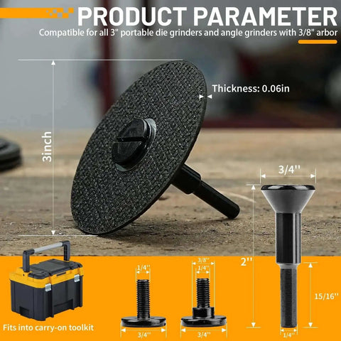 Five Piece Three Inch Cut Off Wheel Set With Quarter Inch Shaft Mandrel for die grinders and rotary tools, shown with dimensions.