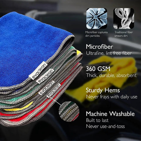 Stack of Premium Microfiber Cleaning Cloths Blue 16x16 12 Pack Reusable Non Scratch showing fabric texture and labels
