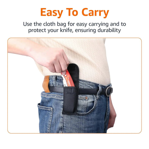 Folding Utility Knife With Back Lock Lightweight Aluminum Handle Red Box Cutter being placed in belt pouch