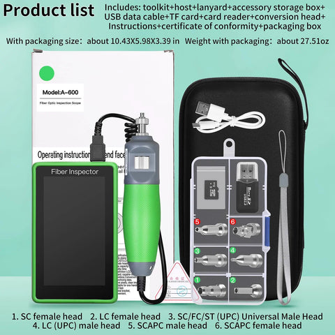 Fiber Optic Inspection Video Probe A-600 handheld scope with 5-inch touchscreen, green body; kit with case and accessories