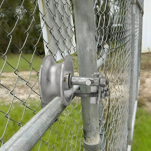 Five Inch Galvanized Steel Pipe Track Wheels For Chain Link Sliding Gates Durable Wheel Set Fits One Seven Eighths Inch And One Five Eighths Inch Gate Frames And Track Pipes With Single U Bolt Hardware Pack Of Four installed view