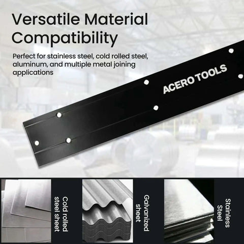 Versatile sheet metal bender displaying material compatibility for stainless steel, cold rolled steel, and galvanized sheets.