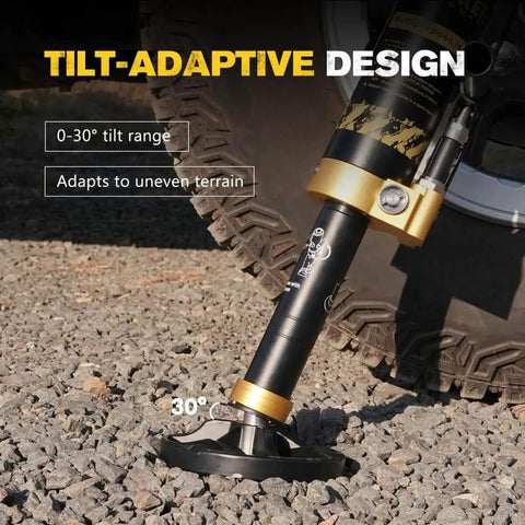 Portable Hydraulic Recovery Jack With Lift Mate For Off Road 4x4 SUVs, ATVs, And UTVs, Beefy 19,400 Lb Lifting Capacity, Rugged Aluminum And Steel Construction Built To Tackle Mud, Trails, And Rough Terrain shown on uneven terrain with 30-degree tilt adaptive design.