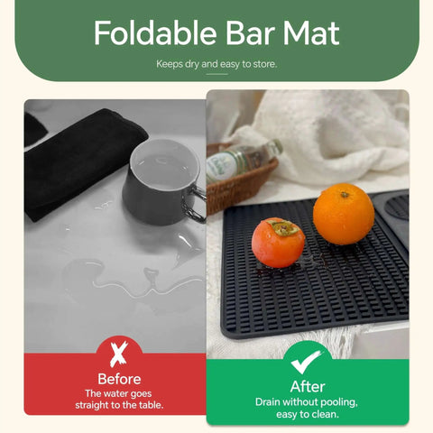 Multifunctional Folding Bar Mat for Home Bars and Travel Silicone Cocktail Prep Mat shown preventing spills and pooling