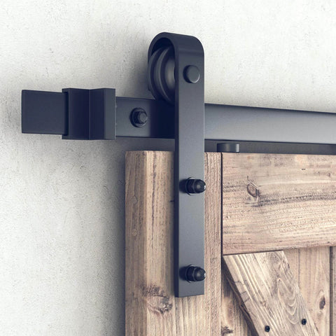Close-up of Heavy Duty Sliding Barn Door Hardware Kit For 40 Inch Wide Doors With A Smooth Quiet Glide And Built To Last Two Solid Rail Pieces