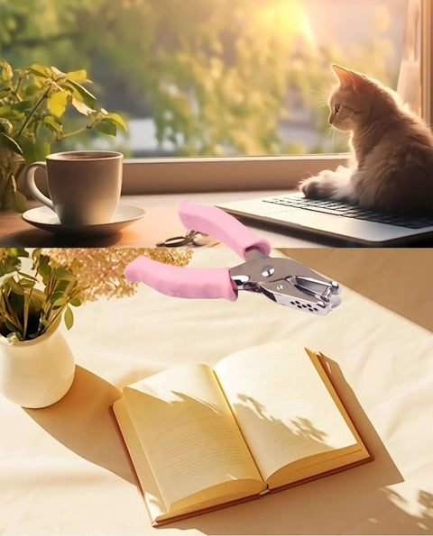 Handy Metal Handled Paper Punch With 6mm Circle Hole, 6.3 Inch Length near book and cup, cozy and creative workspace