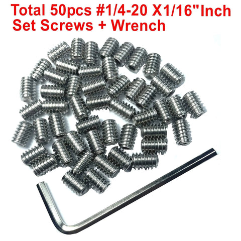 50-Piece Set Screws 1/4-20 By 5/16 Inch 304 Stainless Steel Hex Socket Grub Screws With 1/8 Inch Allen Wrench on white background