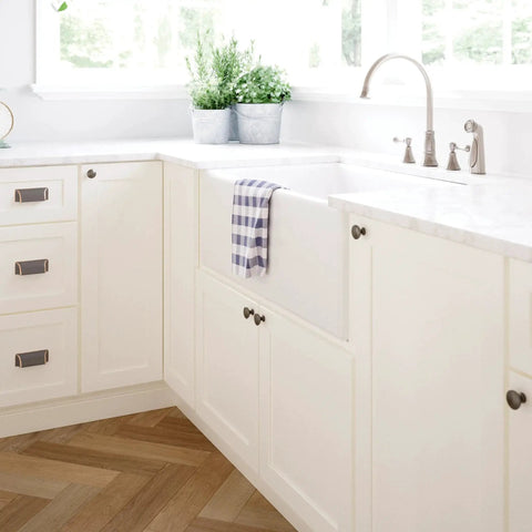 Kitchen cabinets with Bronze And Copper Cabinet Handles Pack Of 5 3 Inch Center To Center Bin Pulls for Drawers, white finish.