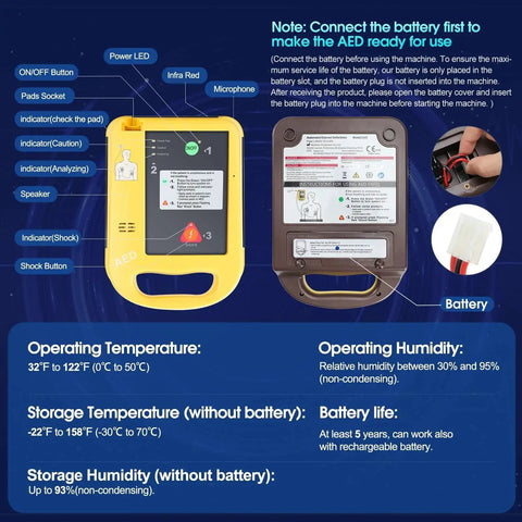 Diagram and features of Home Portable AED Defibrillator For Emergency Use with battery connection instructions and operating conditions.