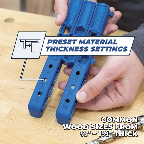 Hands adjusting Pocket Hole Jig 320 Compact And Durable For Tight Spaces Delivers Rock Solid Joints With Easy Adjustable Drill Guides For Cabinet, Furniture And Diy Projects Works With Materials One-Half Inch To One And A Half Inches Thick on wooden surface.