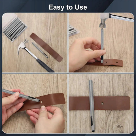 Using 17 Piece Round Leather Hole Punch Kit 0.5 To 7mm Metal Hollow Punch Tool Set on brown leather strip