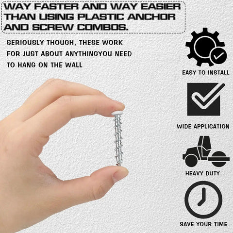 Hand holding 100 Pack White Drywall Anchors 1/4 X 1-1/2 Inch Pan Head Alloy Steel Self Drilling Wall Anchors with install icons.
