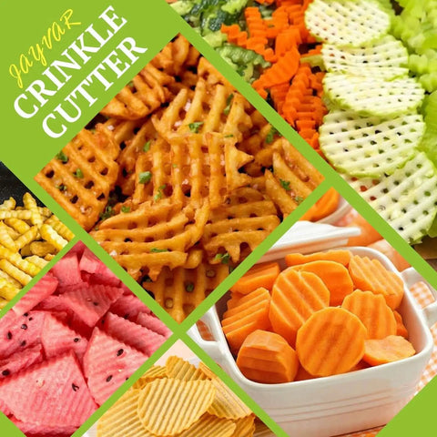 Crinkle Cutter for Potatoes and Veggies That Delivers Fun Grab-and-Go Crinkle Fries, Sharp French Fry Cutter With 304 Stainless Steel Blade, Rust-Resistant, Easy Slicing, Long-Lasting Kitchen Tool by JAYVAR with assorted crinkle-cut vegetables and fruits.
