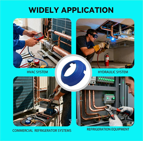 Collage showing Leak Free SAE Flare Fitting Kit used in HVAC, refrigeration, hydraulic, and commercial systems.