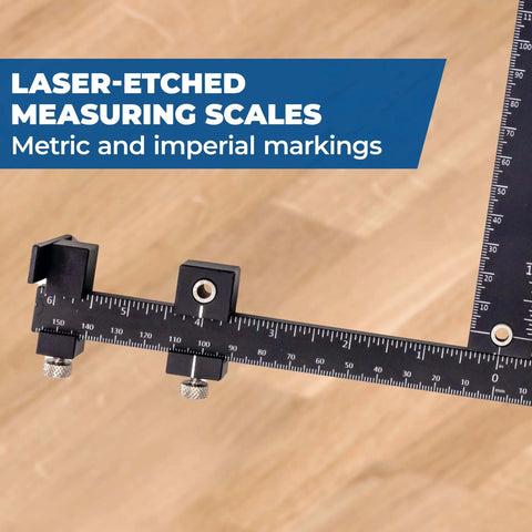 Close-up of Cabinet Hardware Jig Pro for easy knob and pull installations, showing laser-etched metric and imperial scales.