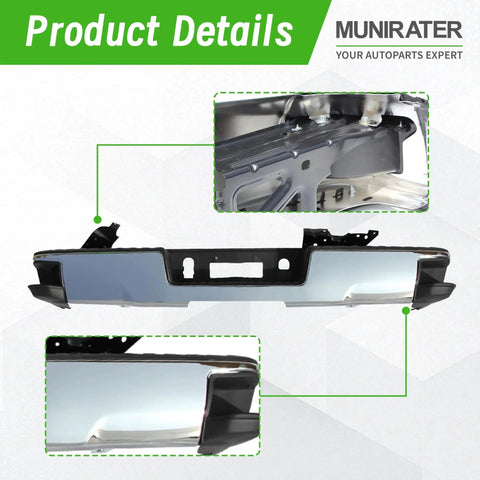 Chrome Rear Bumper For 2014-2018 Silverado Sierra 1500 Without Park Assist Holes, shown front and side view, installed close-up