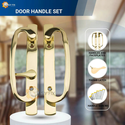 Legacy Sliding Glass Door Offset Latch Gold Handle Set Replacement Eight And One Half Inch Escutcheon Plate Fits Three And Fifteen Sixteenths Inch Screw Hole Spacing And One And Quarter To Two And Quarter Inch Door Thickness Sash Controls 2265 in front view showing gold handles and parts.