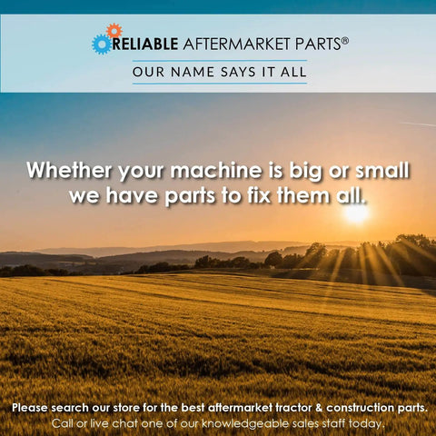 A field at sunrise with text promoting Reliable Aftermarket Parts for machine repair and parts supply.