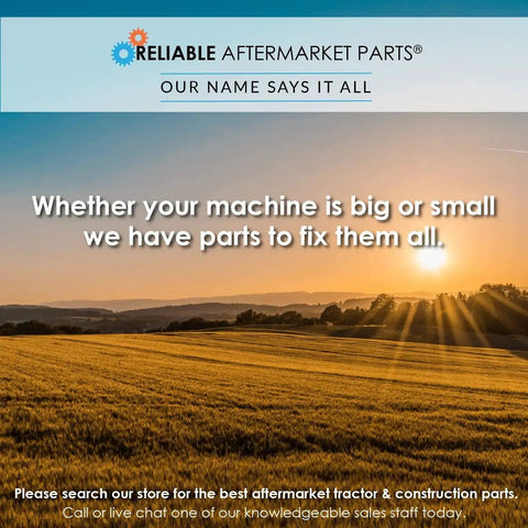 Sunset over agricultural field with Reliable Aftermarket Parts logo and text about machine parts availability.