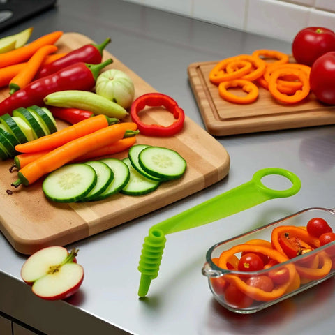 Green Spiral Slicer Portable Manual Kitchen Gadget For Cucumber Carrot And Potato Garnishes on counter with sliced vegetables
