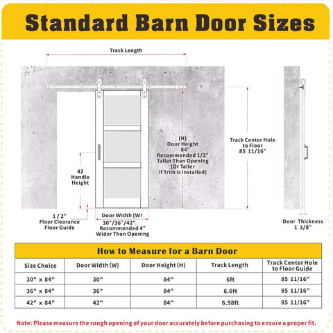 Diagram of barn door sizes including 30 Inch By 84 Inch Mirrored Barn Door Set With 3 Lite Mirror Panels, showing measurements and instructions.