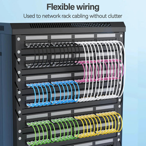 Slim Blue Cat6 Patch Cables 0.5 Feet 10 Pack in network rack, showcasing flexible wiring for home and office networking.