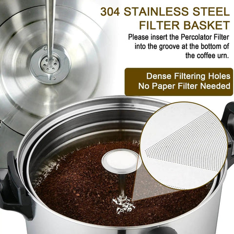 Top view of 304 stainless steel filter basket in a Massive Commercial Coffee Urn With 155 Cup Capacity Dual Layer Industrial Grade Stainless Steel 1500W 120V Hot Water Dispenser For Catering Churches Restaurants Workhorse Keeps Coffee Hot All Day.