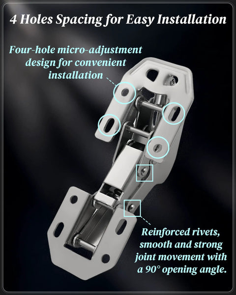 Close-up of No Cup Hole Needed 4 Pack Soft Close Concealed Cabinet Hinges showing 4-hole design and stainless steel rivets.