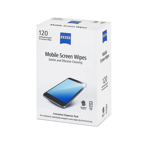 Box of ZEISS Pre-Moistened Screen Wipes For Phones, Tablets And Laptops, 120 Count, showing packaging design.