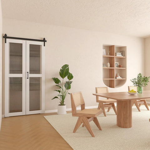 Interior view of 40 Inch Bifold Barn Door Hardware Kit For Two Doors With Heavy Duty Side Mounted Rollers installed in living room.