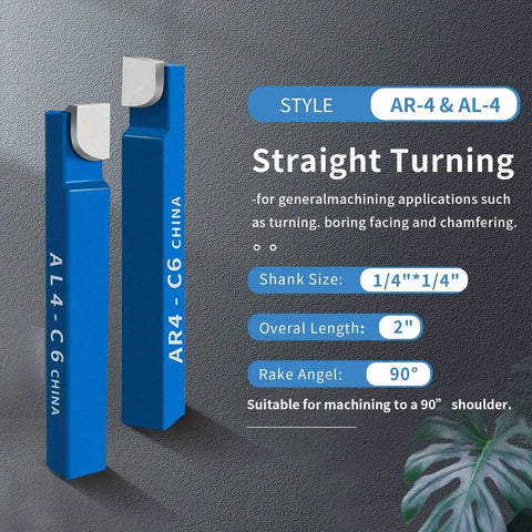 Ten Pack Carbide Lathe Tool Bits Set For Metal Turning, Boring, And Chamfering With One Quarter Inch Shank, High Precision Cutting Tips AR4-C6, AL4-C6, BR4-C6 For Durable Lathe Work showing AR4-C6 and AL4-C6 bits with specs