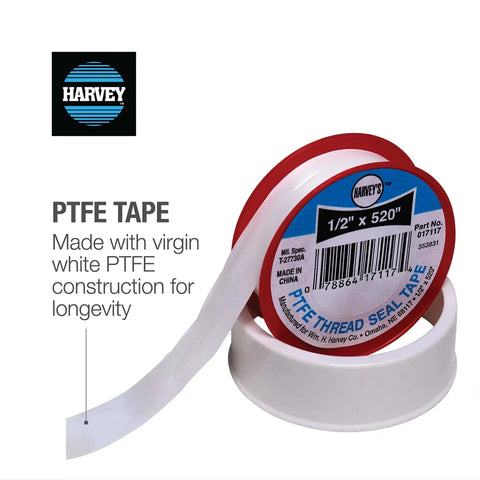 PTFE Thread Seal Tape Half Inch By 260 Inches White And Blue Spool, shown in packaging, for plumbing and gas line sealing.