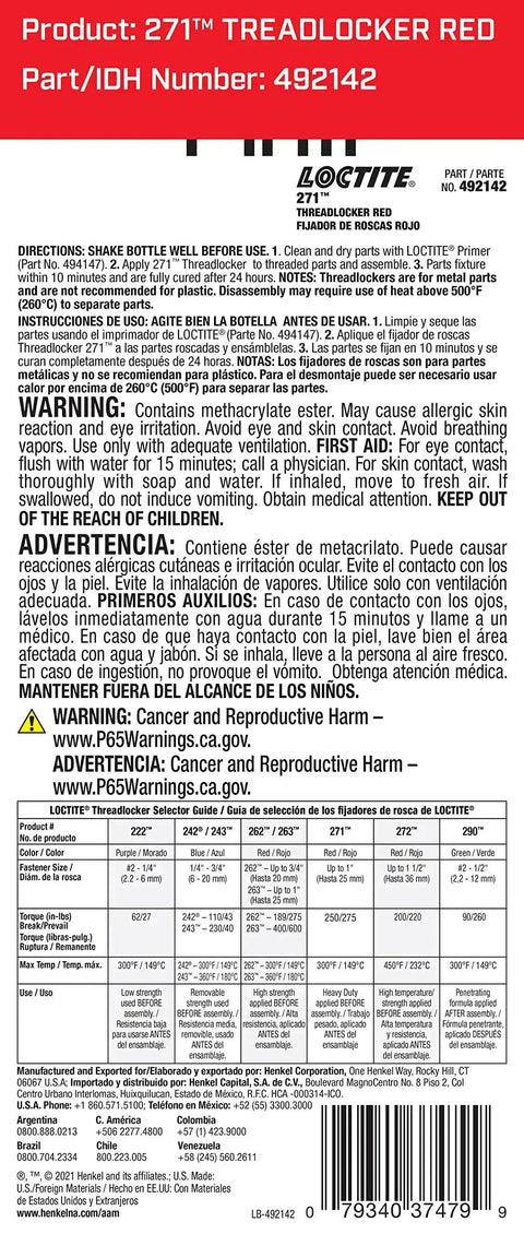 Back label of Automotive Threadlockers 271 And 242 Set Pro Grade High Strength And Medium Strength Anaerobic Adhesives