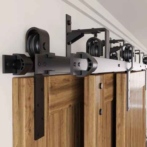 Triple Track Bypass Sliding Barn Door Hardware Kit For Interior Doors with Three 9 Foot Flat Tracks Installed