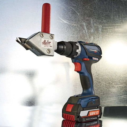 Turbo Sheet Metal Shear Attachment For Drills, 20 Gauge Capacity, attached to 18V cordless drill, red handle, lightweight aluminum head