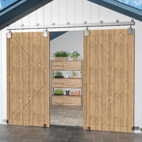 14 Ft Heavy Duty Box Rail Exterior Barn Door Hardware Kit For Two Doors Sliding Track System Outdoor Use With Anti Corrosion Finish, Doors Not Included, 450 Lb Capacity, Silver Weather Resistant For All Seasons installed on barn