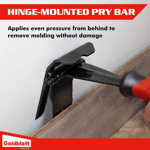 Trim Removal Tool For Baseboards Molding And Flooring No Damage Surface Protection Heavy Duty Pry Bar in use on baseboard