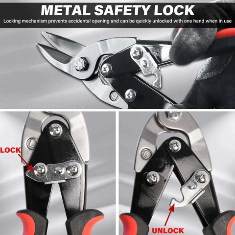 Three Pack Aviation Tin Snips For Cutting Metal Sheets With Heavy Duty CRV Steel Blades showing safety lock mechanism